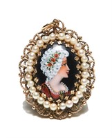 French 14K Gold, Seed Pearl & Porcelain Cameo