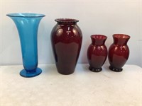 (4) Red & Blue Glass Vases