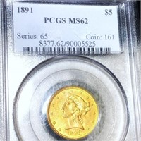 1891 $5 Gold Half Eagle PCGS - MS62