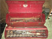 Vintage red metal Industrial tool box & contents