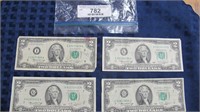 Money: 4 bicentennial $2 bills (1 taped tear)