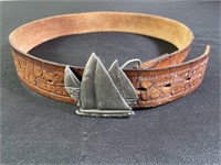 Hand Stamped Acorn Leather Belt, Sailboat Buckle
