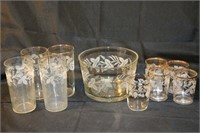 Mid Century Glasses & Ice Bowl