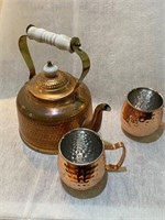 vintage tea pot with two copper cups, hand made