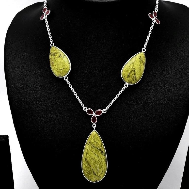 925 Green Opal Madagascar and Garnet Necklace