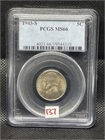 1943S JEFFERSON NICKEL PCGS MS66