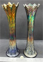 2 Carnival Glass Fluted Vases (12"H). (M103)
