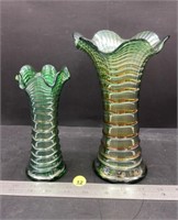 2 Green Carnival Glass Fluted Vases (6.5" &