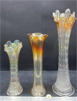 3 Carnival Glass Fluted Vases (8", 9" &
