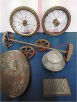 Vtg Iron & spoke wheels, sparkcap, fluier