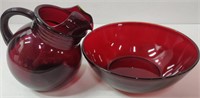 Vintage Ruby Red Coloured Pitcher & Veggie Bowl