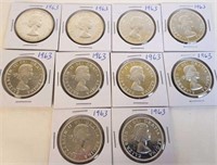 10 - 1963 Elizabeth II Canadian Silver Dollars