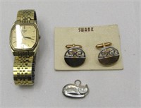 Pulsar Watch & Swank Cufflinks Sterling Cat Charm