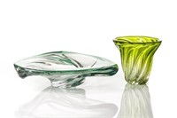 Two Val St. Lambert green glass pieces