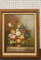 Artist Signed Oil On Canvas Still Life Of Flowers