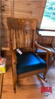 Antique Solid Oak & Upholstered Rocking Chair