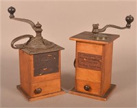 Two Wood Box-Form Coffee Grinders.