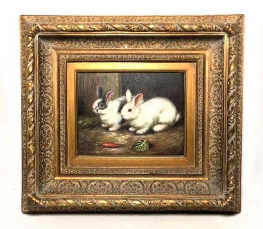 Rabbit Painting in Gilt Frame Signed Jenson