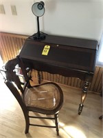 Mahogany Drop Front Desk Inlaid w/ Chair & Lamp