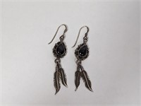 .925 Sterling Onyx Stone Feather Earrings