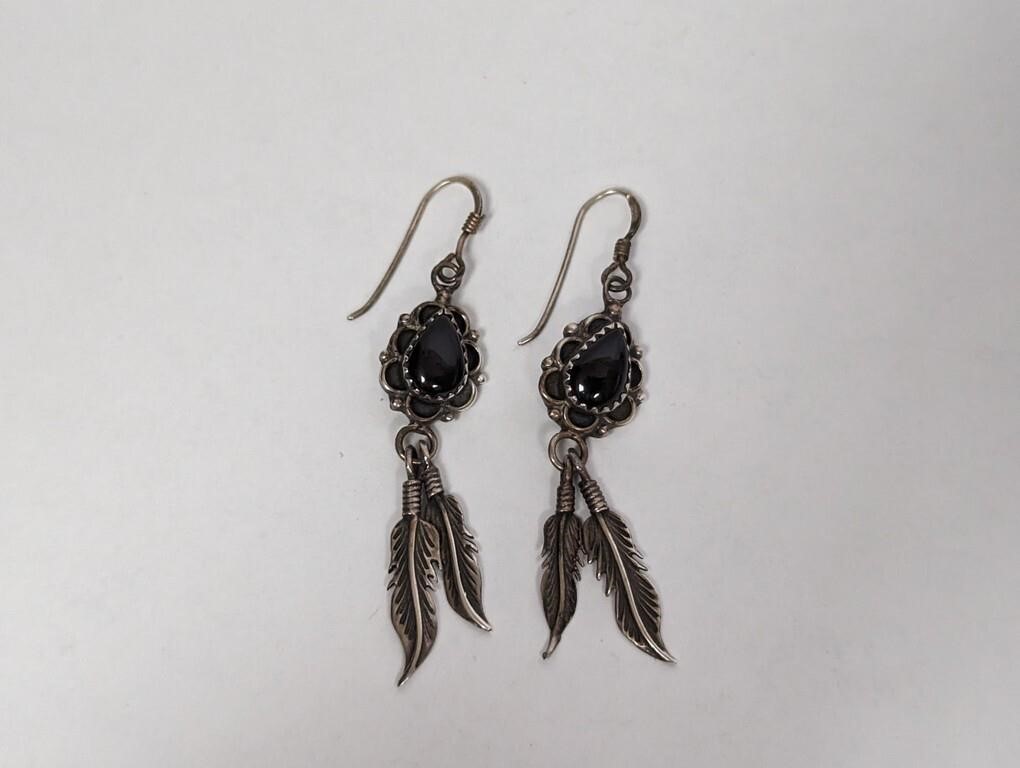 .925 Sterling Onyx Stone Feather Earrings
