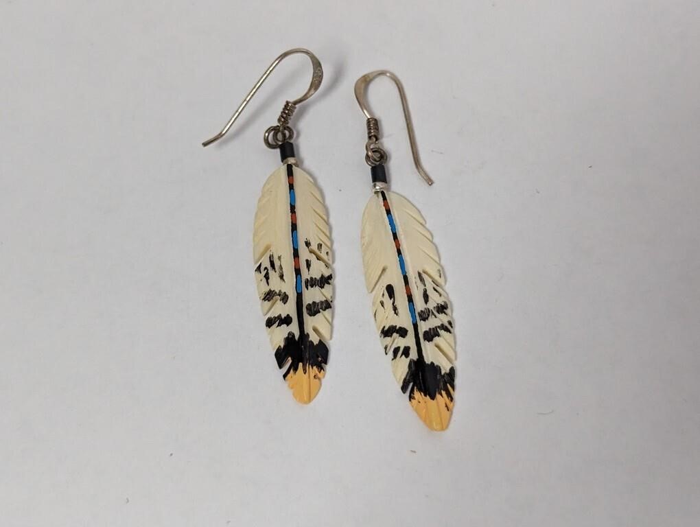 Vintage 925 Sterl Hand Painted Feather Bone?