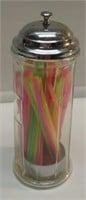 11" GLASS & CHROME STRAW CANNISTER. NICE.