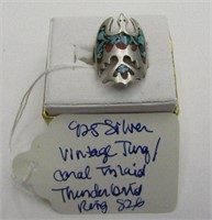 925 Silver Vintage Turq/Coral Inlaid Thunderbird R