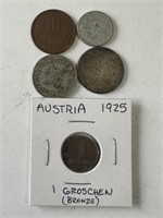 5 Foreign Coins, One is Austria 1925 1 Groschen