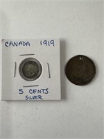 Canada 1917 Large Cent, 1919 5 Cents
