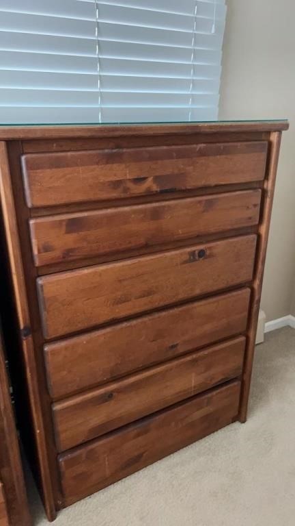 Wooden  6 drawer dresser with glass top