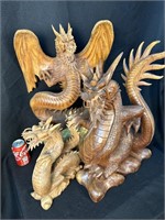 3 Piece Set of Carved Wood Dragons