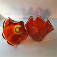 PAIR AMBERINA GLASS CANDLEHOLDERS