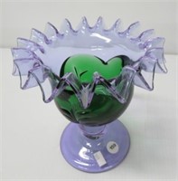 Art glass compote with crimped edge. Measures:
