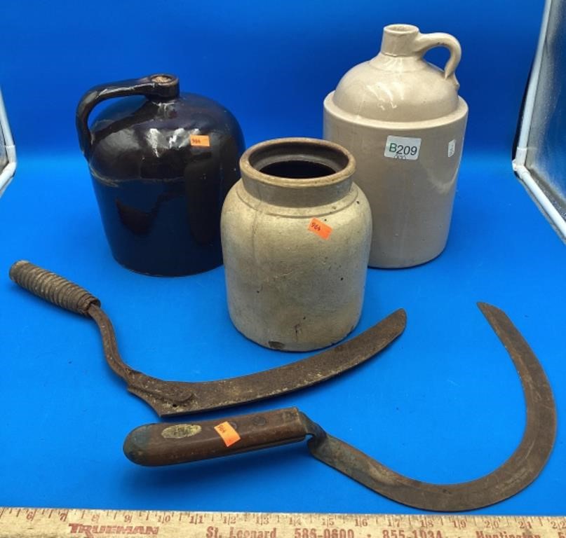 3 Antique Crocks/Jugs & 2 Scythes