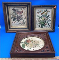 3 Vintage Floral And Bird Print Artworks