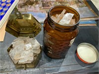 large jar and brass box of gypsum selenite