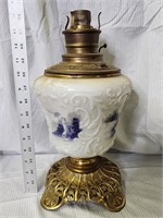 Vintage white Glass oil lamp with blue print