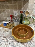 POTTERY BOWLS, PEPPER MILLS, CERAMIC PITCHER, ETC.