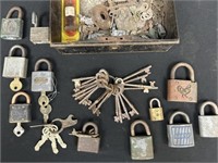 Skeleton keys, tin box padlock collection