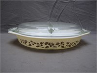 Glass Pyrex Floral Themed Divided Bowl W/Lid