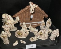 Glazed Ceramic Nativity Figures w/ Crèche.