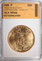 1908 $20 ST GAUDENS GOLD, NO MOTTO, SGS SUPERB GEM