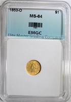 1853-O $1.00 GOLD, EMGC CH/GEM BU