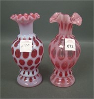 Two Fenton Cranberry Opal Coin Dot Vases