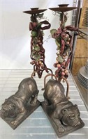 PAIR OF BULL DOG BOOK ENDS, IRON CANDLE STICK