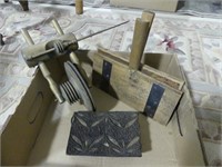 BOX: WOOL CARDERS, SPINNING WHEEL PART, ETC.