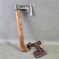 Hand Crafted Viking Axe w/ Engraved Elk in Sheath
