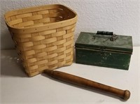 Basket, Metal Box & Wood Table Or Chair Leg