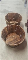 2 wooden round half barrel planters